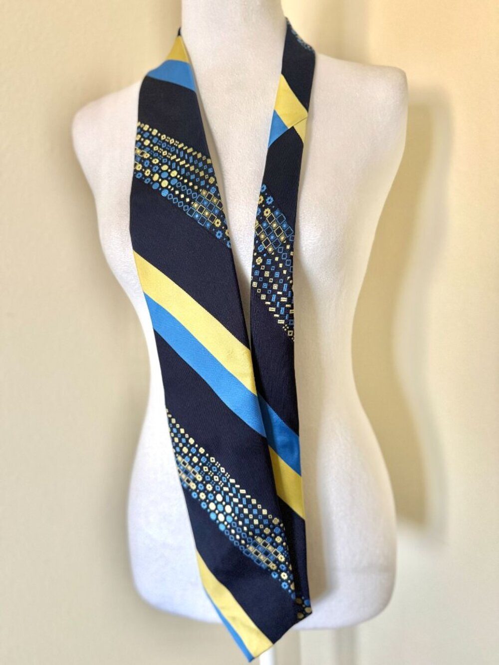 Vintage Late Century Yves Saint Laurent Tie In Blue And Yellow Novelty Abstract